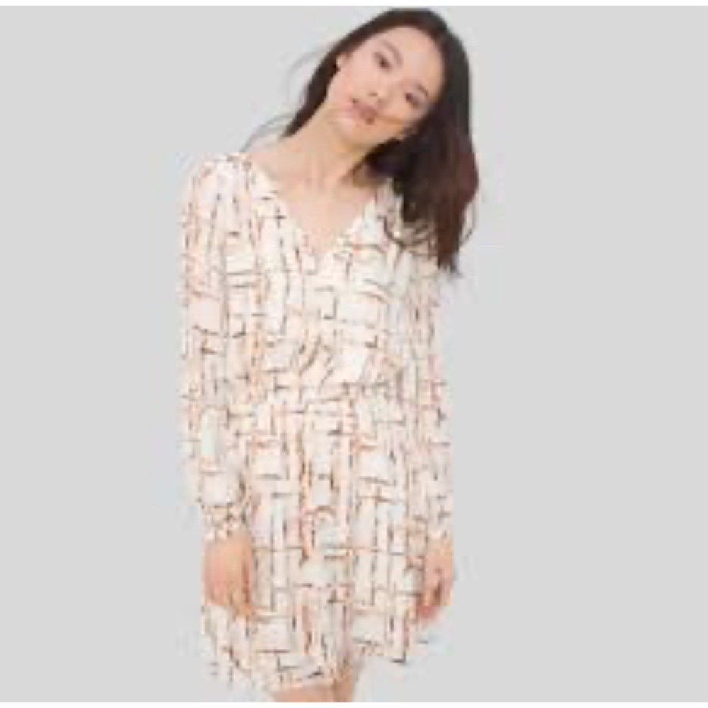 White House Black Market White and Tan Long Sleeve Dress Women's Size 2